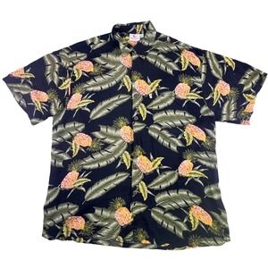 Pineapple Moon Men XL Tropical Pineapple Palm Leaf Rayon Button Down Shirt Black